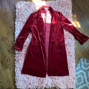 Long Cranberry red velvet blazer jacket